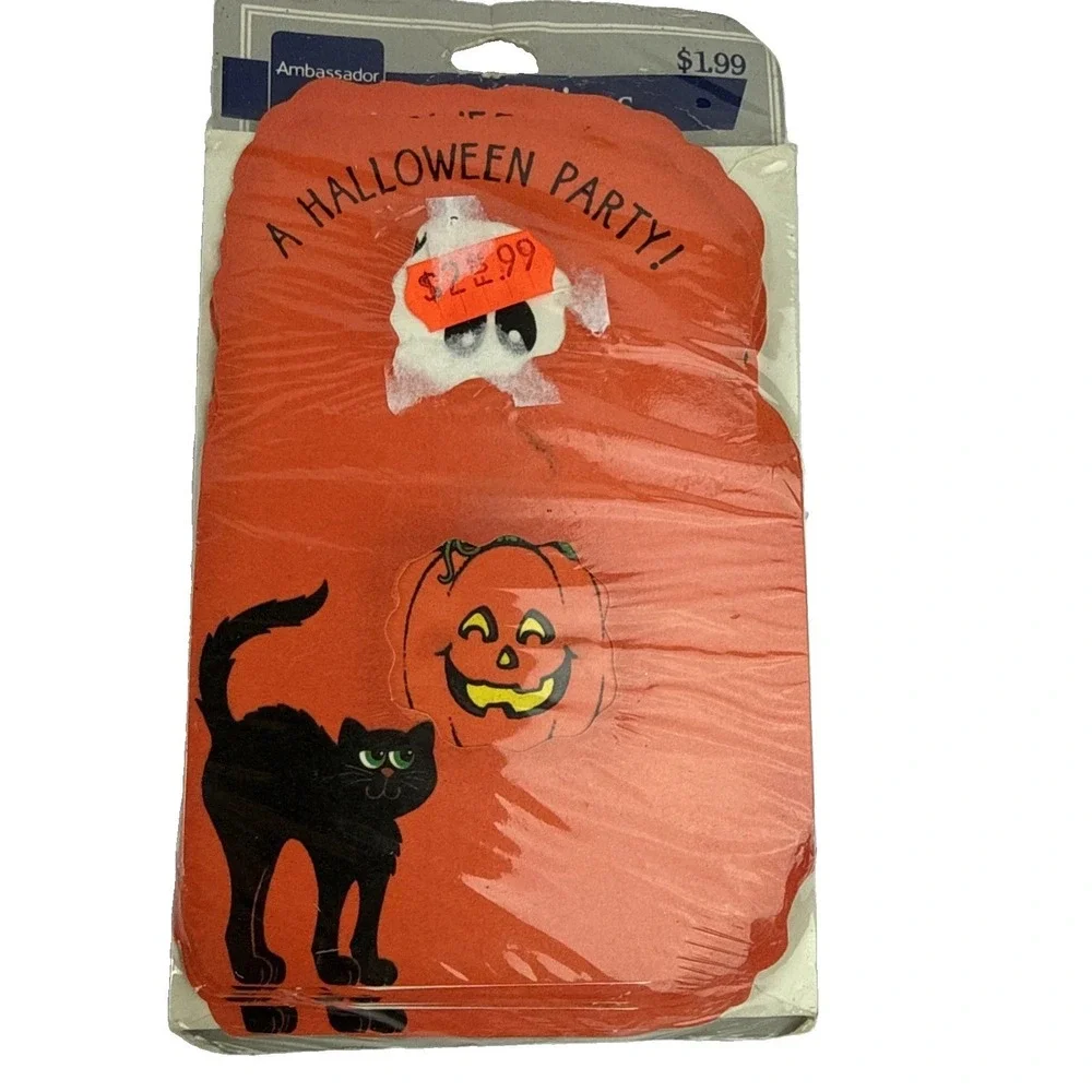 8 Vintage Hallmark Halloween Party Invitations Cards Die Cut Cat Ghost Pumpkin